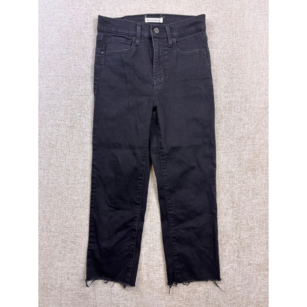 Levis 724 High Rise Straight Crop Jeans Black Raw Hem Size 27